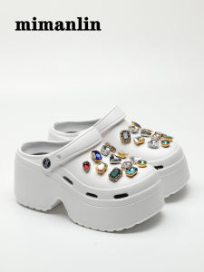 รองเท้าแตะส้นหนาประดับคริสตัลสำหรับผู้หญิงในช่วงฤดูร้อนปี 2024 รองเท้าแตะชายหาดแบบลำลองที่สวมใส่สบายและมีสไตล์สำหรับกลางแจ้ง