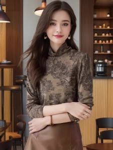 AMMIN 2024 Autumn new staple diamond semi-high neck slim senior ink painting print long sleeve T-shirt woman Korean style r graffiti print casual round collar elegant blouse