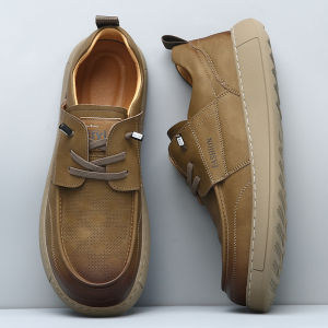 Mens Casual Leather Shoes 2025 New British Retro Style Thick Bottom Large Head Business Low Help Workwear Board Shoes