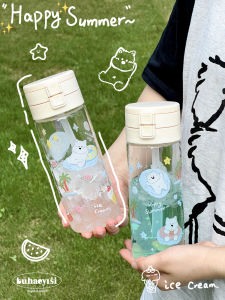 Summer Swimming Dog High Borosilicate Glass Cup with Straw Double Layer Lid Creative Cartoon Student Gift Heat Resistant Drinkware