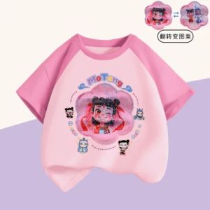 Childrens Summer Cotton T-shirt Short Sleeve round Neck Pure Cotton Half Sleeve Shoulder Insertion Glitter Cute Girls Top