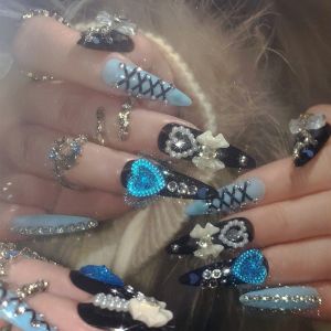 24pcs 3D Bow Decor False Nails Wearable Luxury Glitter Rhinestone Fake Y2k Nails Almond Press On Nails For Women Party Wedding