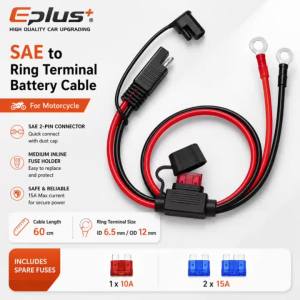 Heavy Duty 60cm Automotive Charging WireSAE Plug to O-Type Lug Inline Fuse Cable for Motorcycle Scooter UTV Solar Storage Batter