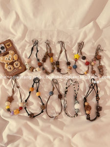 Vintage Brown Beaded Mobile Phone Strap Womens Portable Anti-Loss Wristband Durable Oil Wax Cord Compatible with Apple Huawei