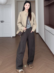 plus Size Womens Coffee Color Suit Wide Leg Pants High Waist Casual Versatile Straight Floor Length Scythe Pants