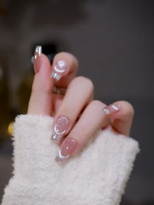 Moonstone Cat Eye French Style Nail Tips Handmade Pure Crystal Stone Nude White Gentle Fairy Medium Length Wearable Nails