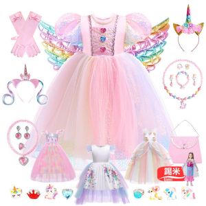 New 2024 Princess Style Tulle Skirt Childrens Day Unicorn Girls Dress Colorful Gemstone Design Shiny Sparkling Summer Fashion