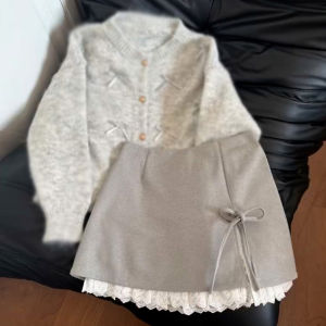 Korean Style Sweater Cardigan Set Womens Fashion Autumn Winter Warmth Long Sleeve round Neck Casual Sweet Loose Fit Sweater