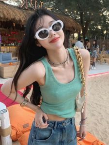 Mint Green U-Neck Knitted Short Sleeveless Vest Womens Summer Outerwear for Underarm Coverage Casual Commute Style Loose Fit