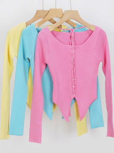 เสื้อคาร์ดิแกนถักนิตติ้งทรงเข้ารูปสไตล์หวานสำหรับผู้หญิง ฤดูใบไม้ผลิและฤดูใบไม้ร่วง แขนยาว ปกติ ปกสั้น ผูกโบว์ไม่สมมาตร