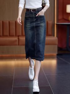 Retro High Waist A-Line Mini Skirt Women's Spring Autumn 2025 New Denim Split Hip Covering Mid-Length Skirts