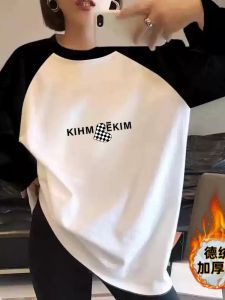 Thickened Fleece-lined Heattech Dralon Raglan Sleeve T-shirt Female Fall and Winter Plus Size Plus Size Ladies Belly Covering Slim Looking Bottoming Shirt Tops