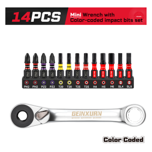 Geinxurn Mini Wrench with Impact Bits Set Color-Coded Impact Bits Set Double-Ended for DIY