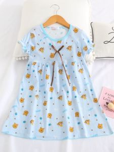 Cute Cat And Bear Print Cotton Pajama Skirt for Girls Thin Knitted Short Sleeve Summer Home Wear Comfortable Breathable Kids Clothing