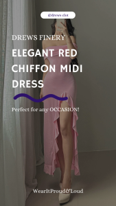 DREWS | Elegant Red Chiffon Midi Dress with Side Slit and Off-Shoulder Design