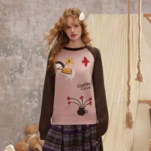 unifree | American Style Small Horse Jacquard Loose Pink Winter Knitwear