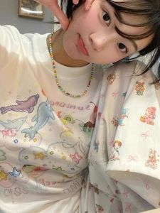 Áo Thun Cotton Tay Ngắn Dáng Ôm Mùa Hè in Họa Tiết Hoạt Hình Phong Cách Mỹ Cổ Tròn Thường Ngày Cho Nữ