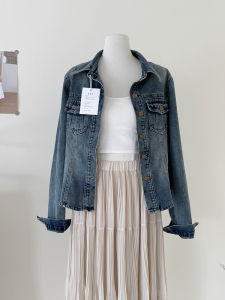 เสื้อแจ็คเก็ตยีนส์ทรงเข้ารูปสไตล์ฮ่องกง ฤดูใบไม้ผลิ แขนยาว ปกโปโล กระดุมเดียว สีพื้น เสื้อผ้าทำงาน สำหรับผู้หญิง