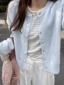 Soft Milk Blue Long Sleeve Knitted Open Cardigan Womens Early Spring Lazy Style Short Thin Sweater Jacket Lightweight Top