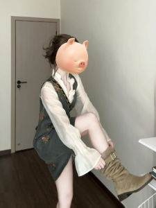 ปักฝรั่งเศส เดนิม เดรส ผู้หญิง ฤดูใบไม้ร่วง เล็ก ดีไซน์ Sense คอวี ชุดสไตล์วิทยาลัยชุดสองชิ้น หวาน สูง เอว กระโปรงทรงเอ แขนยาวสั้น เดรส