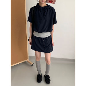 Shalldoer | Sporty Two-Piece Set Womens Summer Cool Short Sleeve Hoodie Mini Skirt Outfit Casual Fashionable Ensemble Braided Pattern