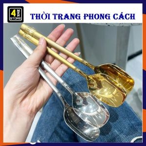 Thìa INOX Ăn Cơm Cháo Súp Cán Dài Đầu Vuông Màu Vàng - Bạc 19.5cm Cho Dân Văn Phòng Sinh Viên Đi Picnic Dã Ngoại Cao Cấp - Thìa Ăn Cơm Muỗng Ăn Cơm INOX Cán Dài Kiểu Hàn Quốc Sáng Trọng