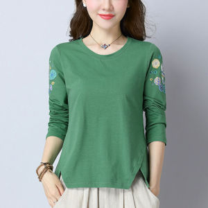 Womens Pure Cotton Long Sleeve T-Shirt Spring Autumn Loose Base Shirt Top Outerwear Versatile for Middle-Aged Mothers