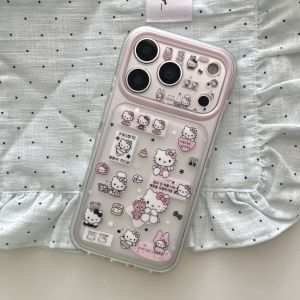 Sanrio | Cute Cartoon Frosted Sticker Sanrio Hello Kitty Case For iphone 17 16 15 17 Pro Max Full Lens Protective Phone Cover With Chain