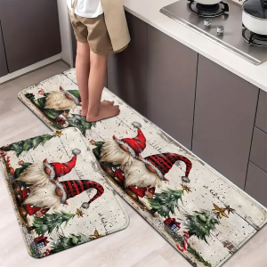 VIKAMA 2-Piece Christmas Rug Set White-Bearded Father Christmas Design Kitchen Mat Entrance Doormat Non-Slip Festive Home Decor
