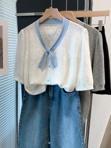 WANGGONGZHU | เสื้อยืดคอกลมแขนสั้นผ้าถักลูกไม้บางหลวมๆ สำหรับผู้หญิงในช่วงฤดูร้อน เสื้อผ้าทำงานสไตล์เกาหลี ทรงหลวมๆ สวมใส่สบาย