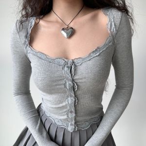 เสื้อคาร์ดิแกนถักแขนยาวทรงเข้ารูปสำหรับผู้หญิง Go Girl Go คอเหลี่ยม กระดุม แขนยาว ปกติ ปกติ แขนยาว ปกติ