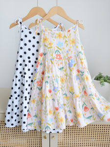 Princess Style Summer Cotton Silk Strap Dress Baby Girls Big Skirt Gown Daily Wear Floral Print Childrens Clothing Kids Dresses