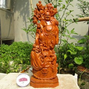 Tượng Di Lặc Ngũ Phúc Vác Cành Đào Gỗ Hương Nguyên Khối Hàng Đủ Kích Thước.