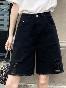 Quần Short Denim Rách Mỏng Cạp Cao Mùa Hè Cho Nữ Quần Ống Rộng 5 Điểm Dáng Rộng Phong Cách Hàn Quốc Giản Dị