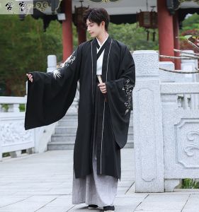 Mens Ming Dynasty Style Hanfu Shirt Collar Tunic Top with Embroidery Autumn Collection Cross-Patterned Skirt Set for Men