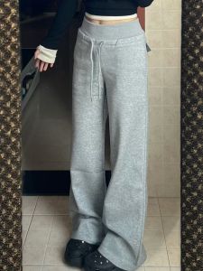 กางเกงกีฬาขากว้างสีเทาสำหรับผู้หญิงไซส์ใหญ่ กางเกงขายาวทรงตรง กางเกงขายาวทรงหลวม สไตล์เกาหลี กางเกงขายาวทรงตรงสำหรับผู้หญิง
