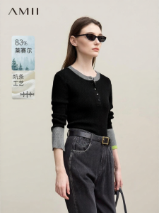 AMII | Quần Áo Knitwear Cổ Tròn Màu Đối Chọi Nửa Placket Ôm Sát Phong Cách Đi Làm