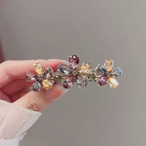 Korean Style High-end Multi-color Crystal Flower Hairpin Womens Back of Head Half-tied Spring Clip Elegant Alloy Headwear
