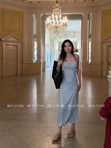 French Style plus Size Blue Striped V-Neck Backless Slimming Long Dress MLYD Sleeveless High Waist A-Line Skirt Casual Wear