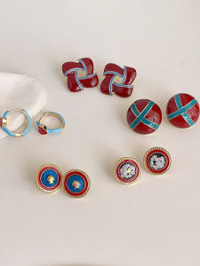 925 Silver Needle Enamel Color Vintage Hepburn Style Red Blue Collision Color High Fashion Earrings Womens Jewelry Accessories