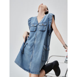 American Retro V-Neck Sleeveless Denim Dress Womens Thin Design Loose Large Pocket Unique Skirt Casual Summer Polyester Fiber