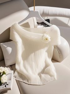 Chic Korean Style White One Shoulder Knitted Ice Silk Short Sleeve T-Shirt Womens Summer Super Beautiful Casual Loose Fit