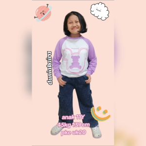 Little Pineapple Set Kaos Jeans Aleta Kargo Anak Tanggung 9-14Y