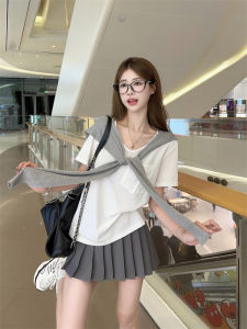 Korean College Style Womens White Shoulder T-Shirt Set Complete OOTD Trendy Grey Shawl Versatile Fashionable Short Sleeve round Neck