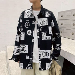 เสื้อเชิ้ตแขนยาวทรงหลวมสบาย ๆ สำหรับผู้ชาย ดีไซน์ลายดาวเคราะห์ในอวกาศ สไตล์ฮ่องกง เสื้อเชิ้ตคอกลมแขนยาวลายดอกไม้