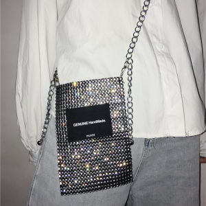 Mini Diamond Embellished Crossbody Phone Bag Womens Fashion Street Snapshots Single Shoulder Chain Bag Youth Vertical Shape