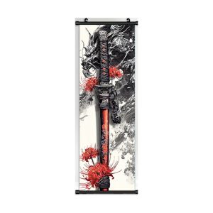 VIKAMA Katana Dragon Peony Wall Tapestry Red Spider Lily Sumi-e Splash Scroll Art Home Decor Modern Style Soft Durable Cozy Gift