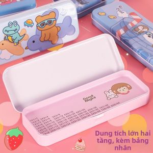 Double Layer Cute Cartoon School Stationery Box Math Multiplication Table Included