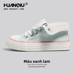HuanQiu | Giày Cao Gót Đế Bằng Vải Bố Nữ Cổ Cao Họa Tiết Chấm Bi Phong Cách Casual