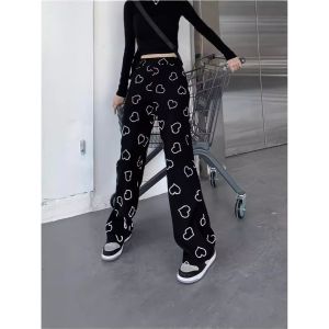 กางเกงขายาวทรงหลวมเอวสูงพิมพ์ลายหัวใจ ทรงหลวม ทรงตรง กางเกงขายาวทรงหลวมสำหรับผู้หญิง ฤดูใบไม้ร่วง 2024